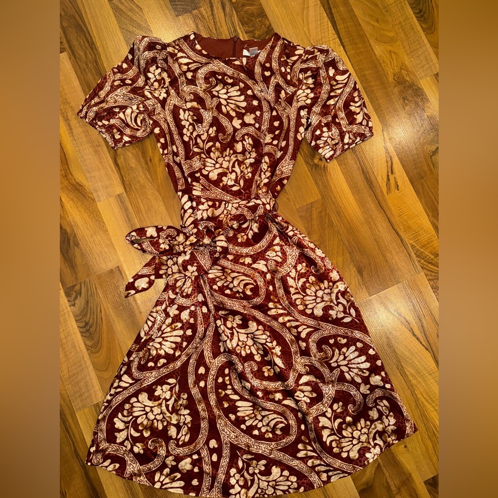 London Times petite 8P sleeve tie waist brown floral dress NWOT cottage wedding